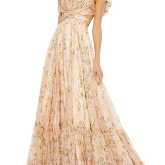 Mac Duggal Leena Ieena Floral Chiffon Ruffle Cut Out Lace Up Back Gown Dress 2 - Picture 4 of 9